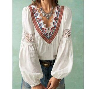 Boho White V neck Lace Embroidered Linen Long Sleeve Top